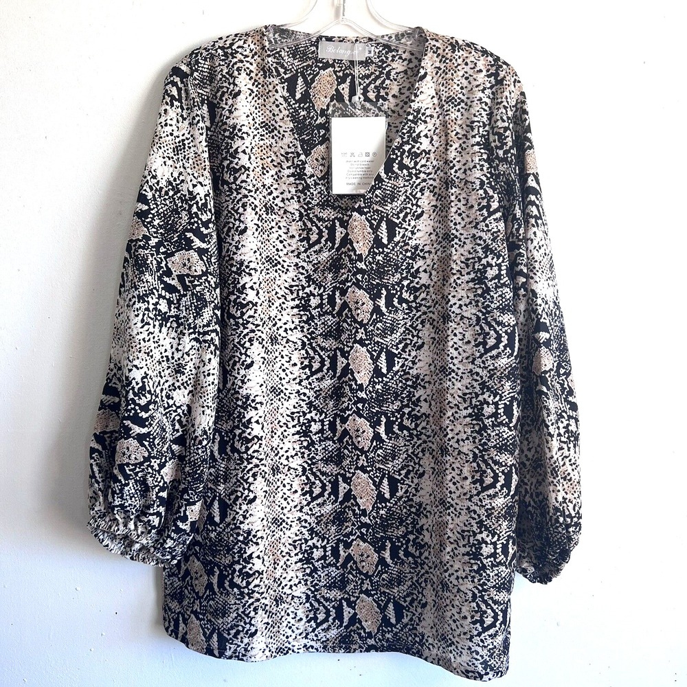 BELONGSCI Women's Loose Blouse Long Sleeved V-Neck Top Medium Animal Print